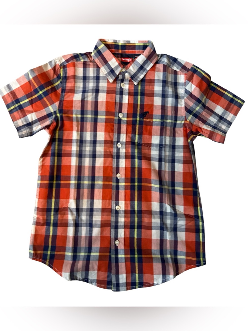 😎NWOT Wrangler Boys Kids Orange Blue Short Sleeve Plaid Button Down Shirt | 10